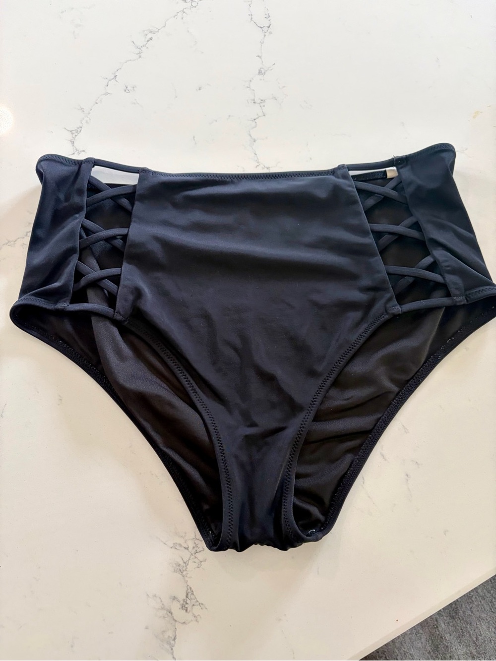 Shade & Shore Black High-Waist Bikini Bottom with Side Lattice - Women’s Medium